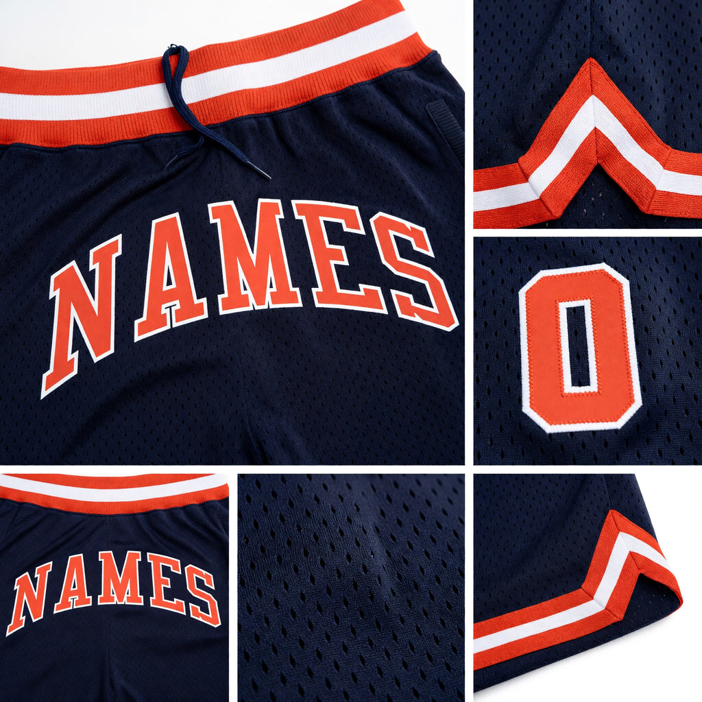 Custom Navy Orange-White Authentic Throwback Basketball Shorts detail