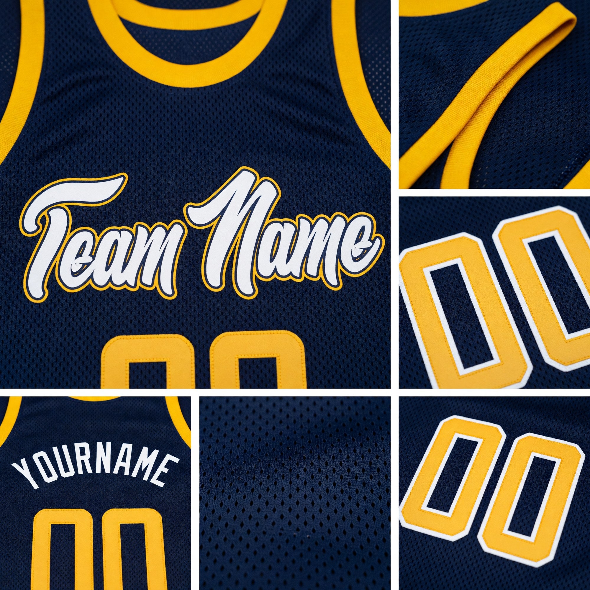Custom Navy Gold-White Authentic Throwback Basketball Jersey detail