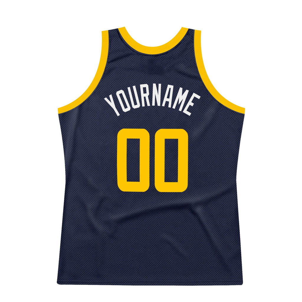 Custom Navy Gold-White Authentic Throwback Basketball Jersey photo 5