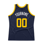 Custom Navy Gold-White Authentic Throwback Basketball Jersey photo 5