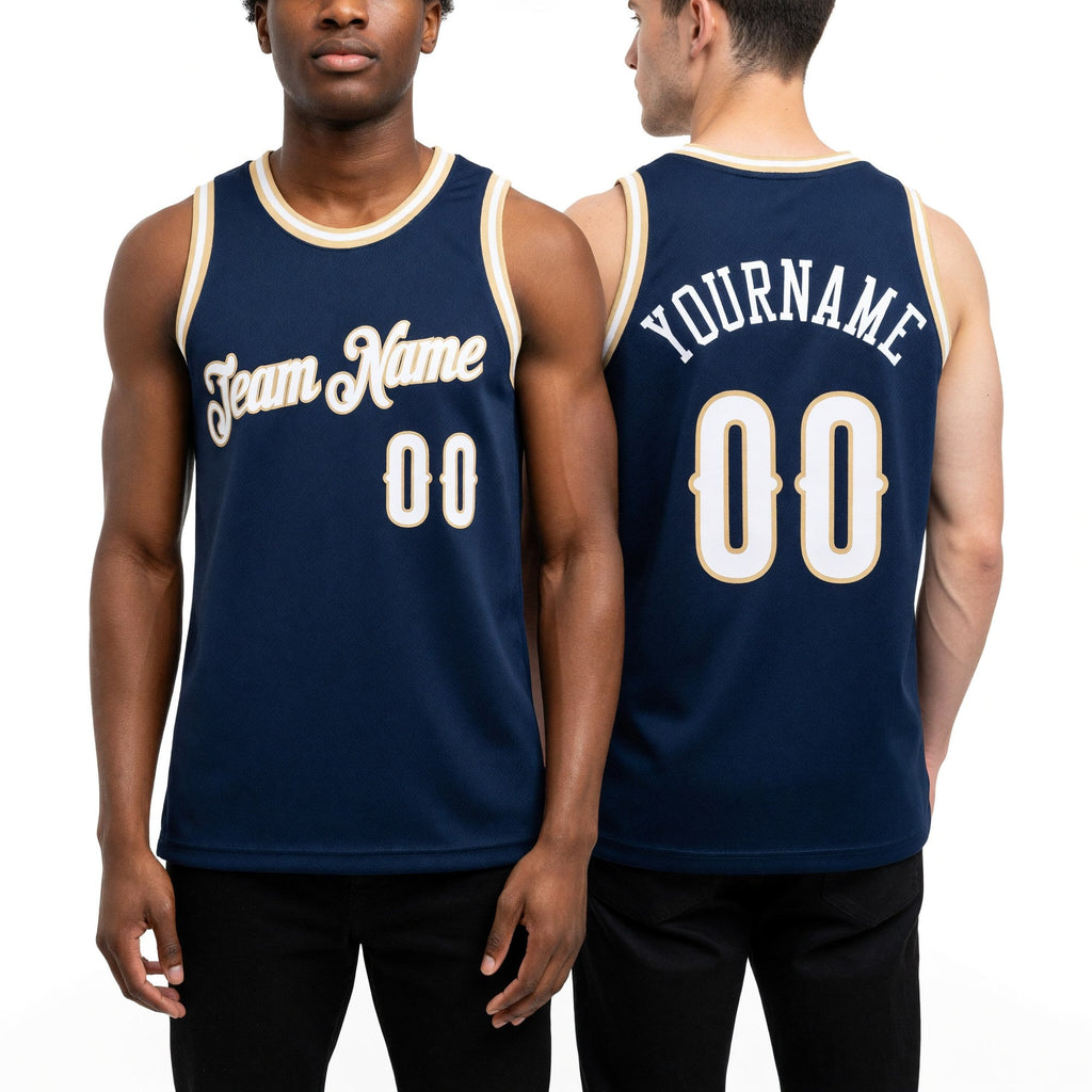 Custom Navy White-Old Gold Authentic Throwback Basketball Jersey worn front and back