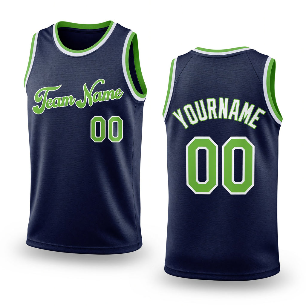 Custom Navy Neon Green-White Authentic Throwback Basketball Jersey