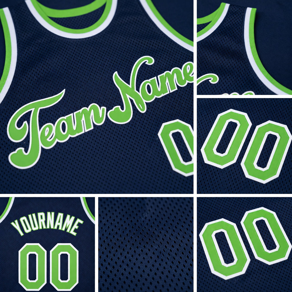 Custom Navy Neon Green-White Authentic Throwback Basketball Jersey detail
