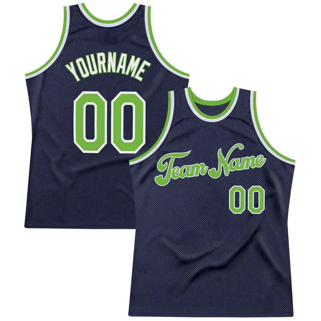 Custom Navy Neon Green-White Authentic Throwback Basketball Jersey photo 1