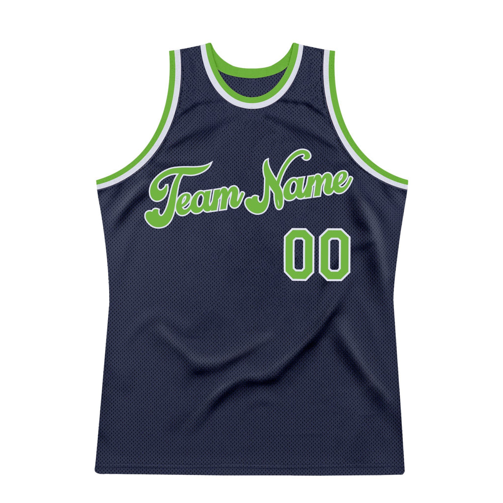 Custom Navy Neon Green-White Authentic Throwback Basketball Jersey photo 6