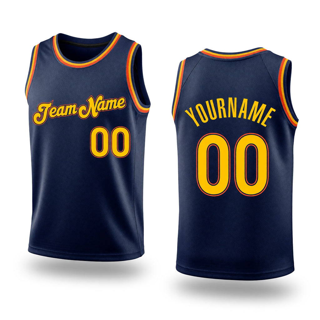 Custom Navy Gold-Orange Authentic Throwback Basketball Jersey