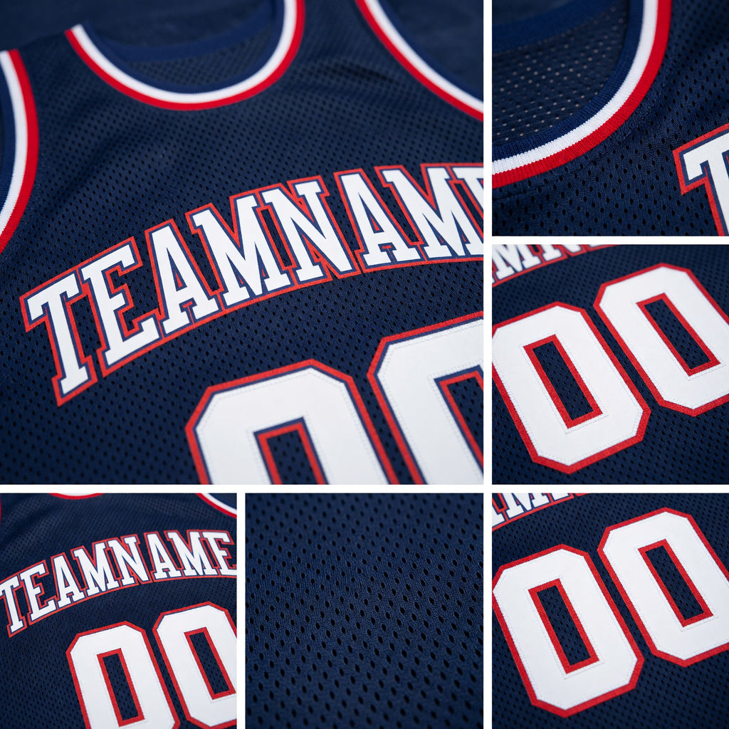 Custom Navy White-Red Authentic Throwback Basketball Jersey detail