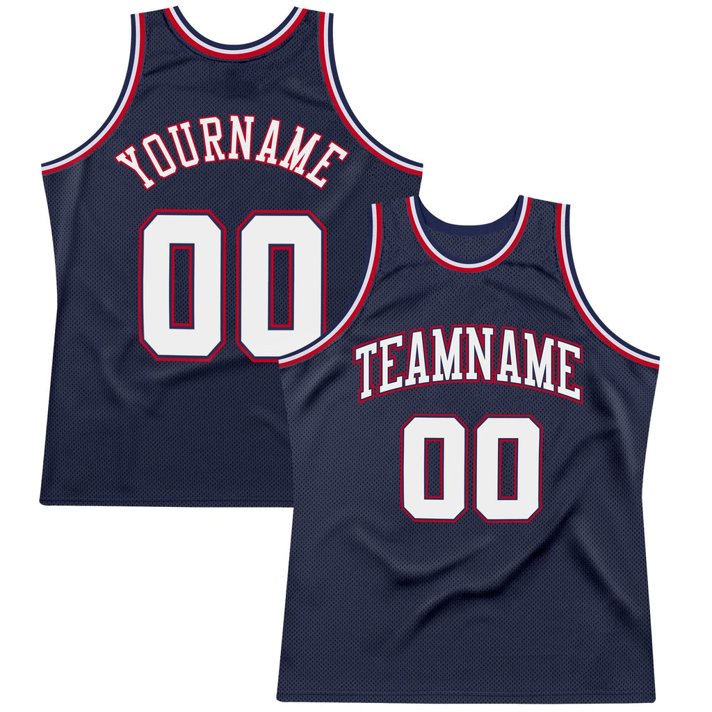 Custom Navy White-Red Authentic Throwback Basketball Jersey photo 1