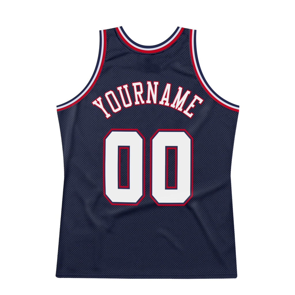 Custom Navy White-Red Authentic Throwback Basketball Jersey photo 5