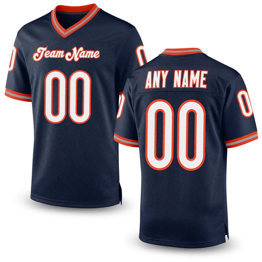 Custom Navy White-Orange Mesh Authentic Throwback Football Jersey