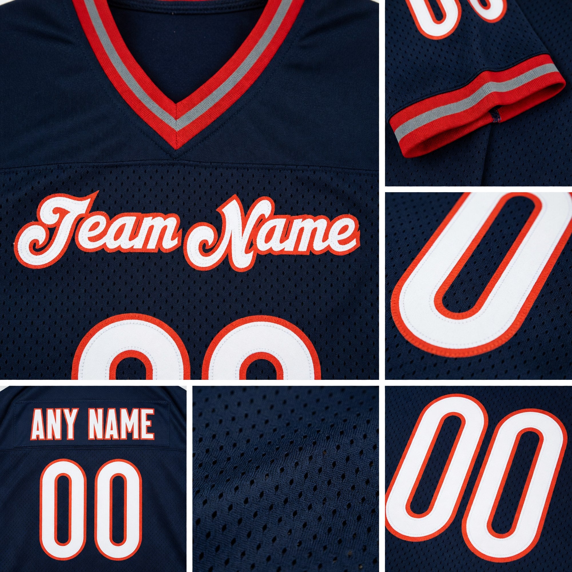 Custom Navy White-Orange Mesh Authentic Throwback Football Jersey detail