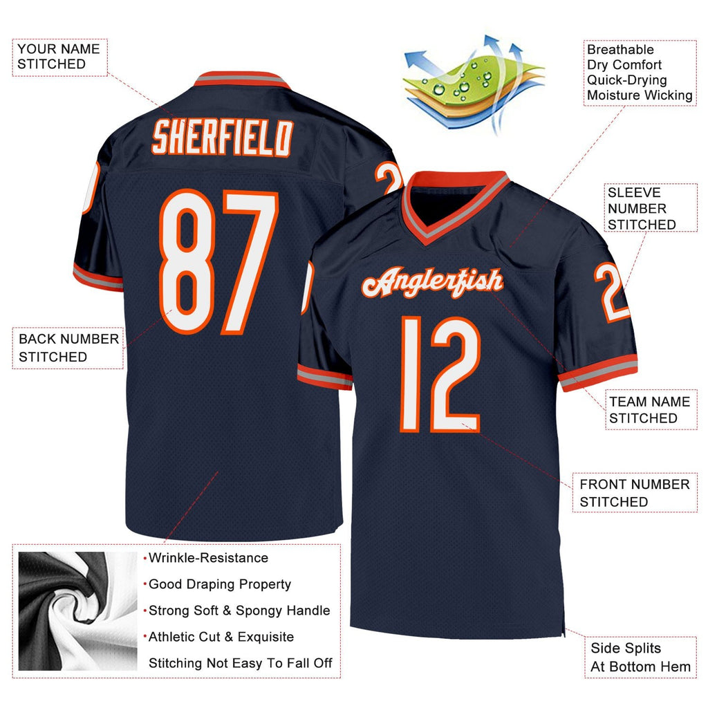 Custom Navy White-Orange Mesh Authentic Throwback Football Jersey photo 4