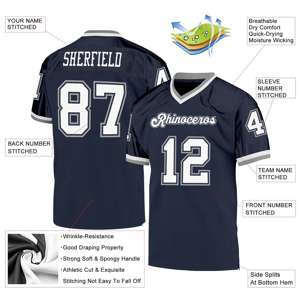 Custom Navy White-Gray Mesh Authentic Throwback Football Jersey photo 4