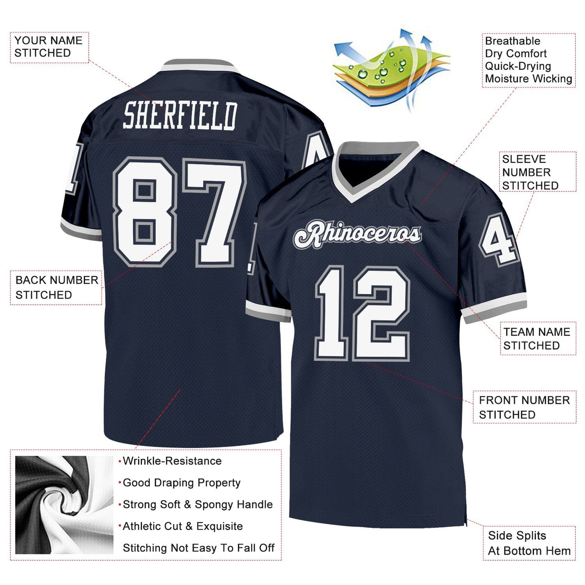 Custom Navy White-Gray Mesh Authentic Throwback Football Jersey photo 4