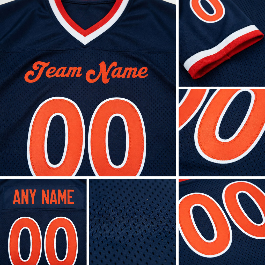 Custom Navy Orange-White Mesh Authentic Throwback Football Jersey detail