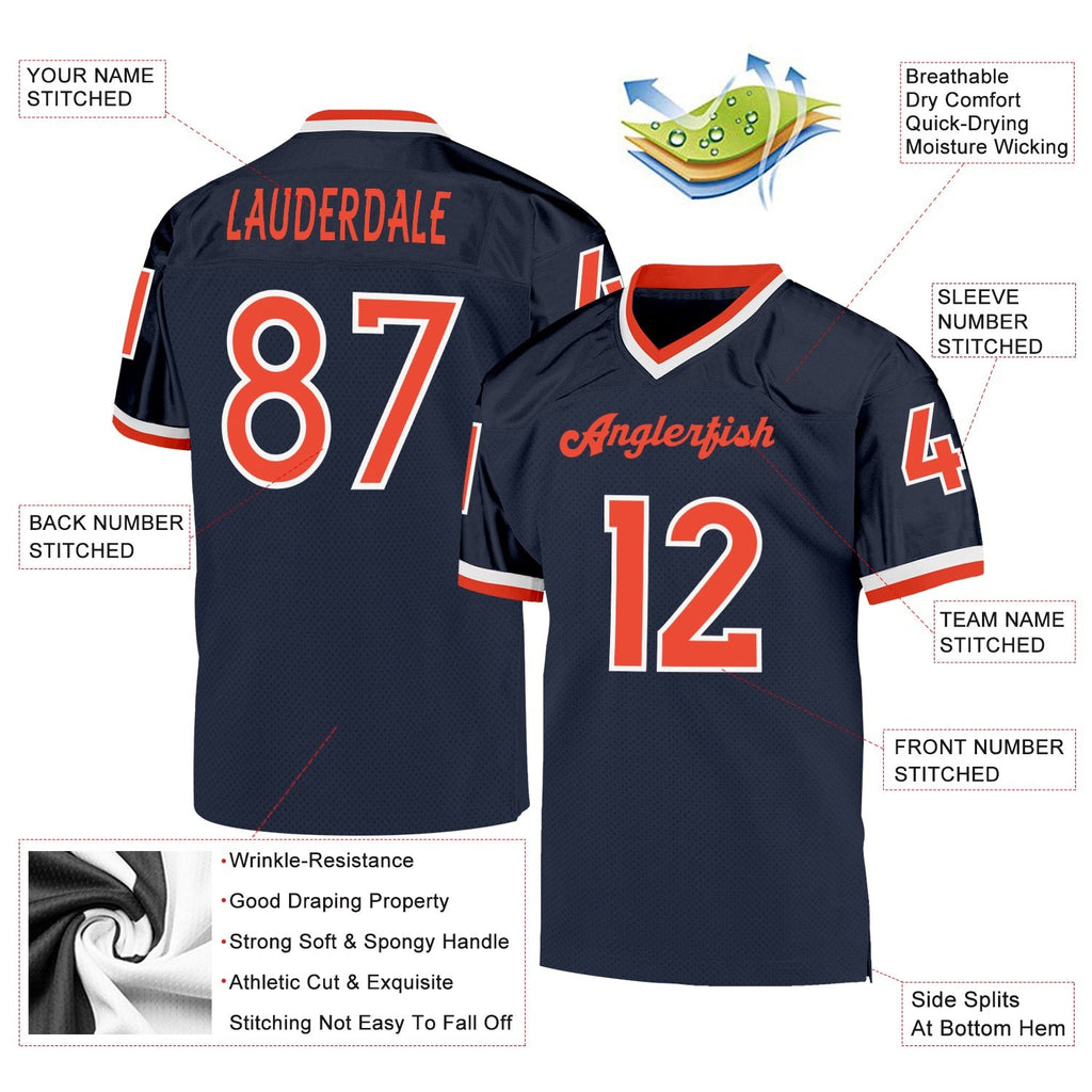 Custom Navy Orange-White Mesh Authentic Throwback Football Jersey photo 4