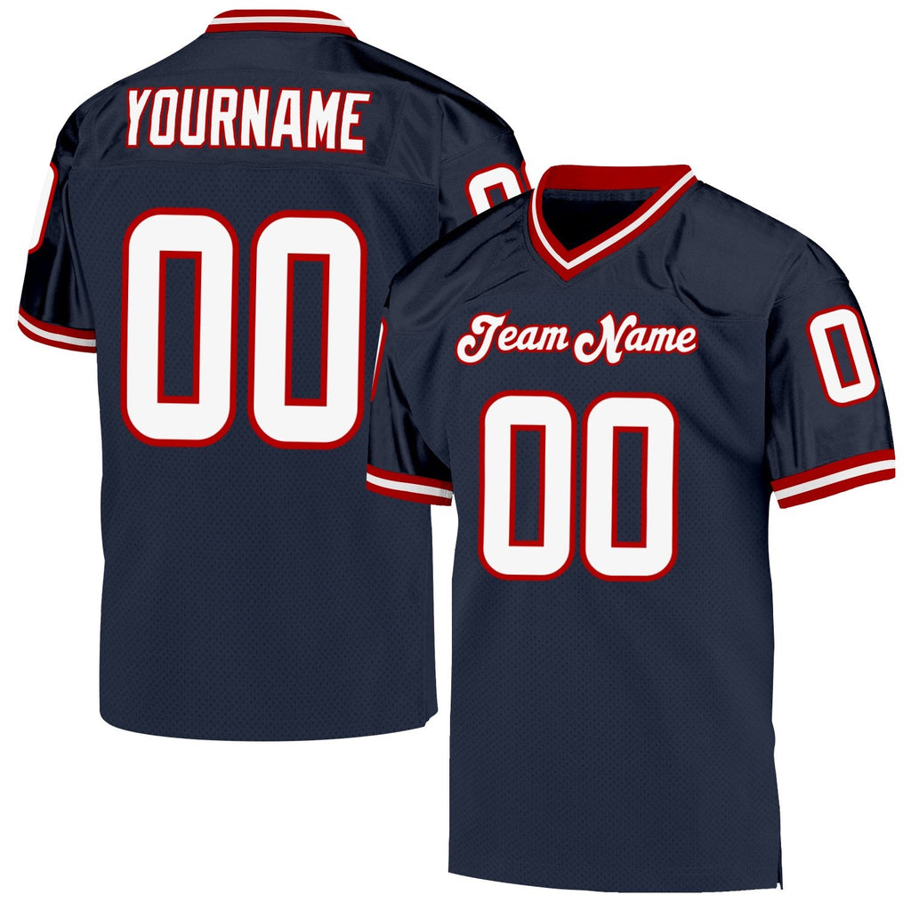 Custom Navy White-Red Mesh Authentic Throwback Football Jersey photo 1