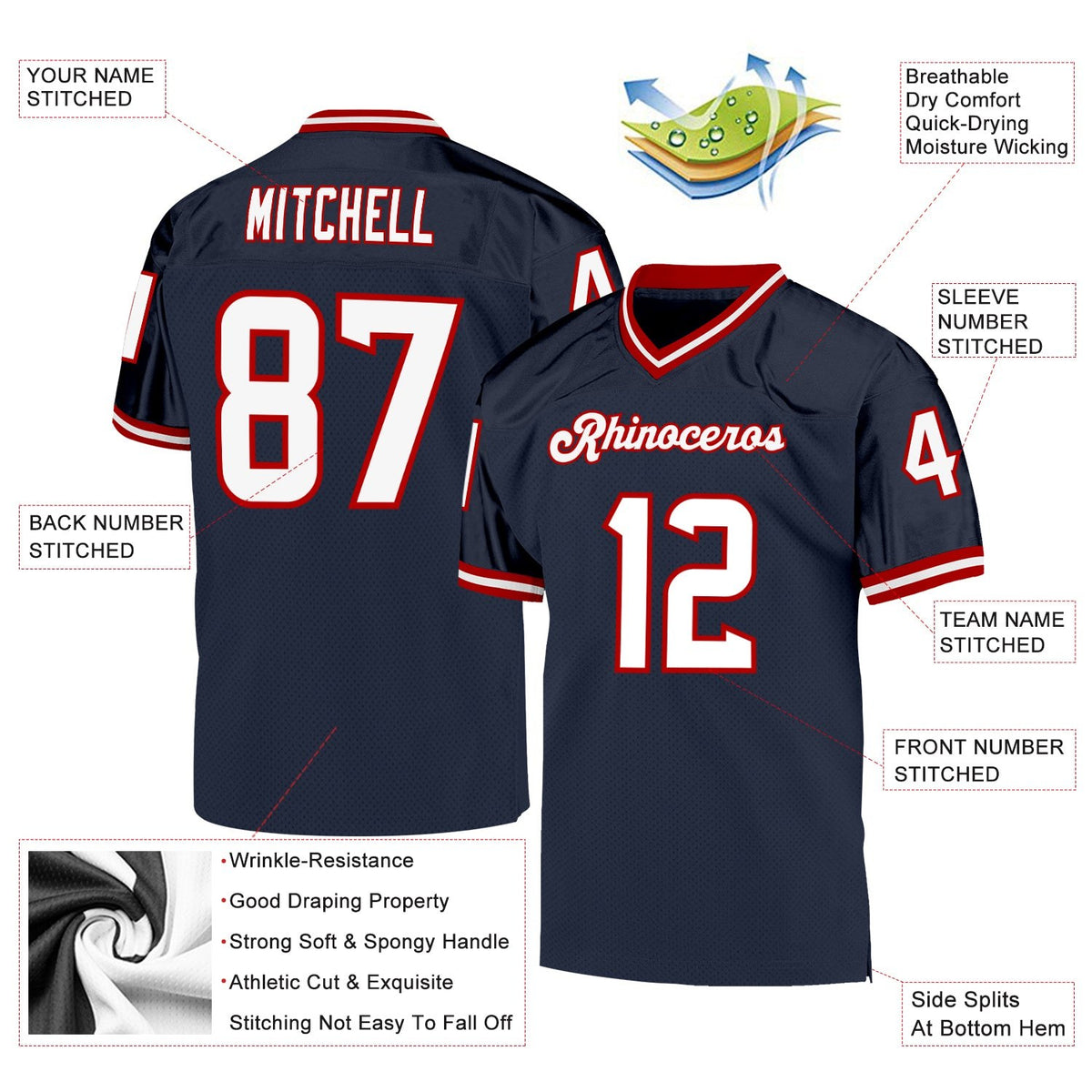 Custom Navy White-Red Mesh Authentic Throwback Football Jersey photo 4