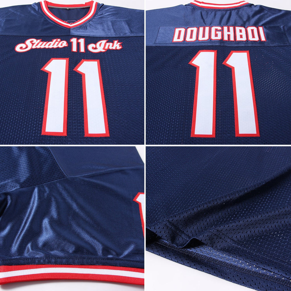 Custom Navy White-Red Mesh Authentic Throwback Football Jersey photo 7