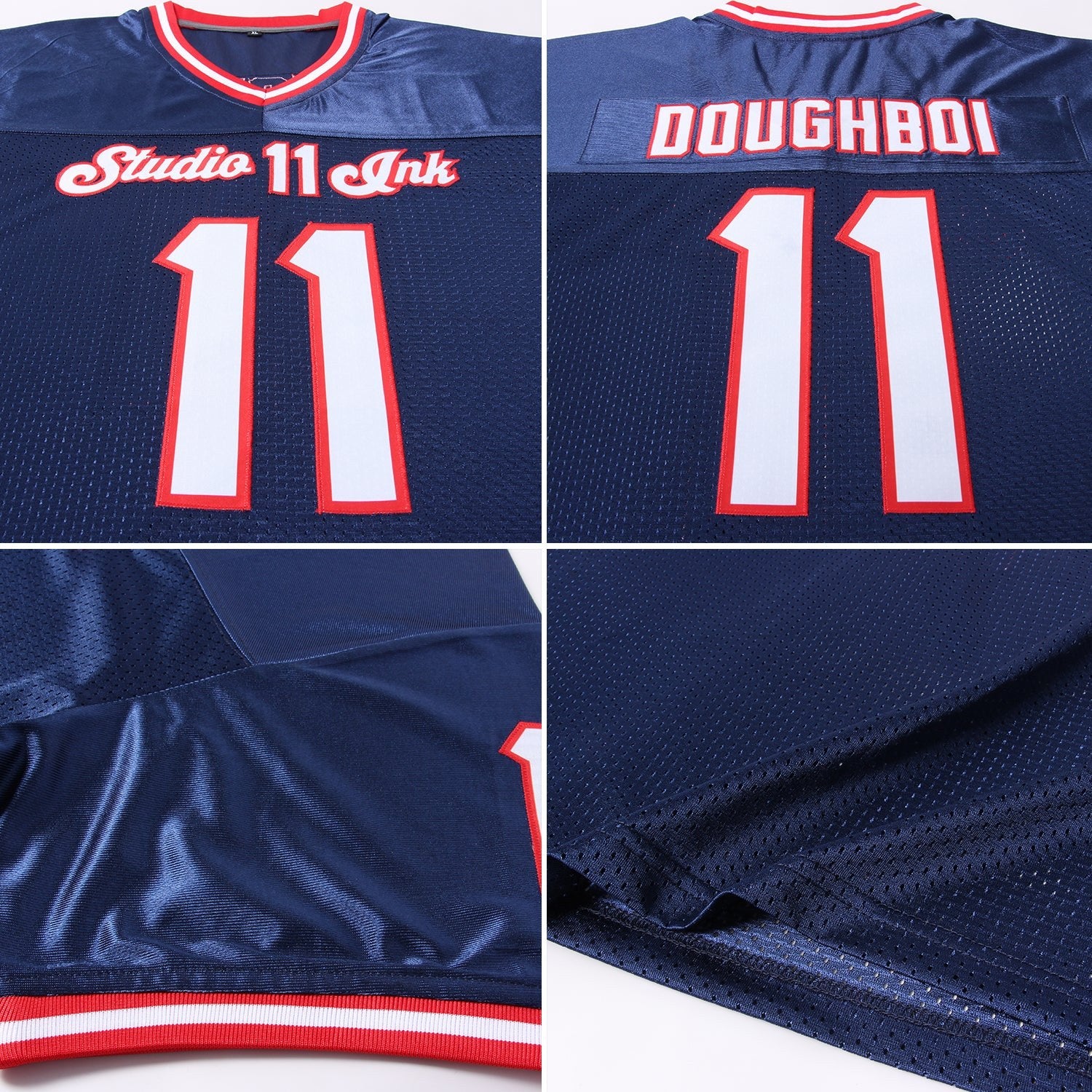 Custom Navy White-Red Mesh Authentic Throwback Football Jersey photo 7