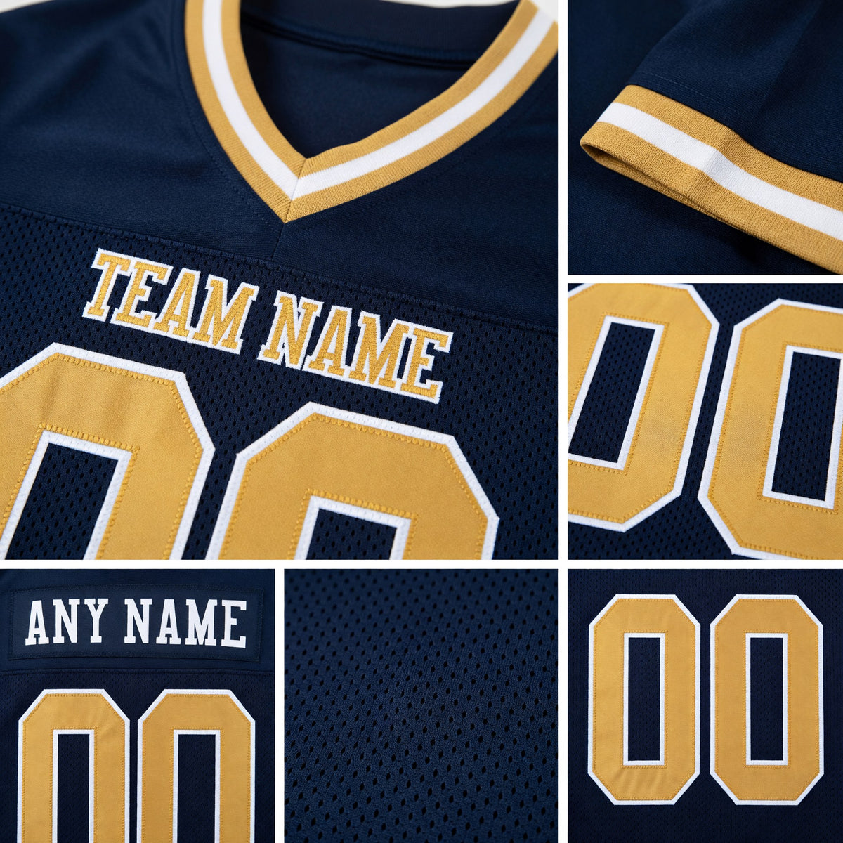 Custom Navy Old Gold-White Mesh Authentic Throwback Football Jersey detail