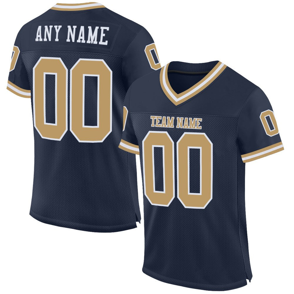 Custom Navy Old Gold-White Mesh Authentic Throwback Football Jersey photo 1