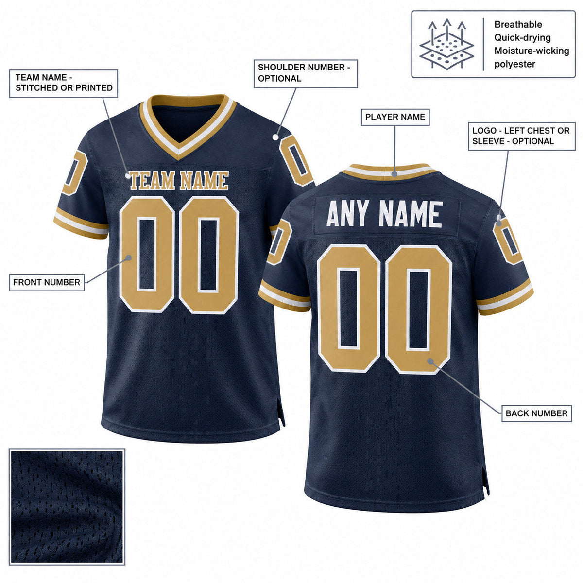 Custom Navy Mesh Authentic Football Jersey with Old Gold and White Lettering Design 0215 customization guide
