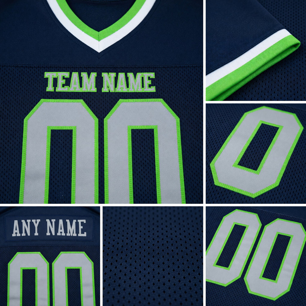 Custom Navy Gray-Neon Green Mesh Authentic Throwback Football Jersey detail