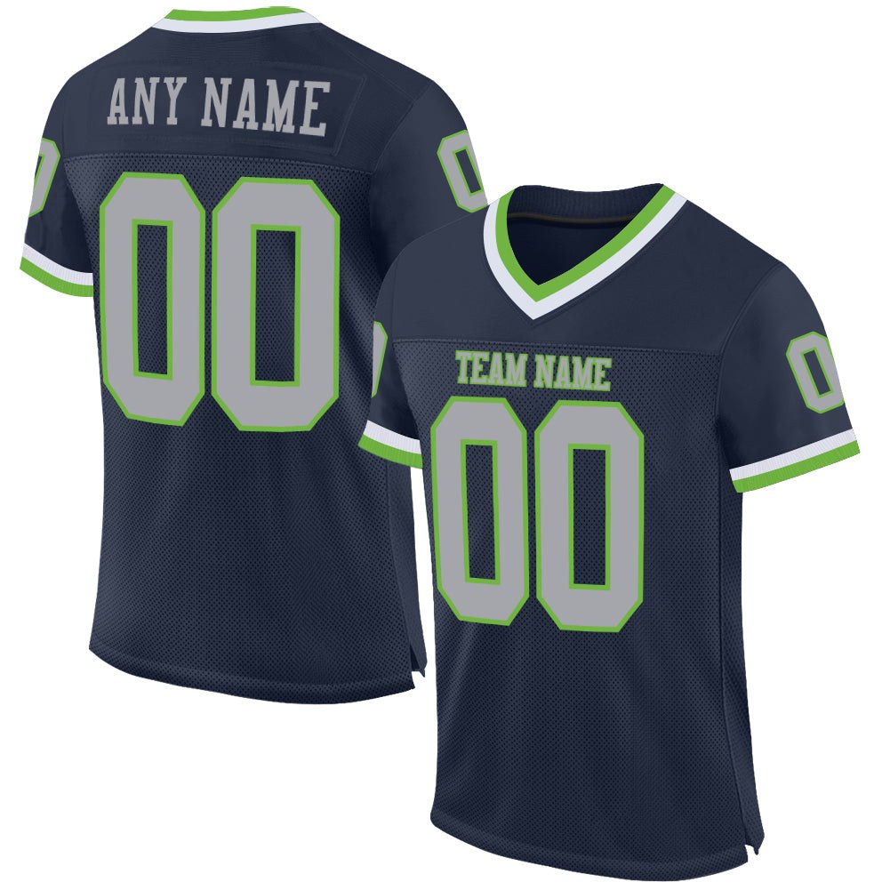 Custom Navy Gray-Neon Green Mesh Authentic Throwback Football Jersey photo 1