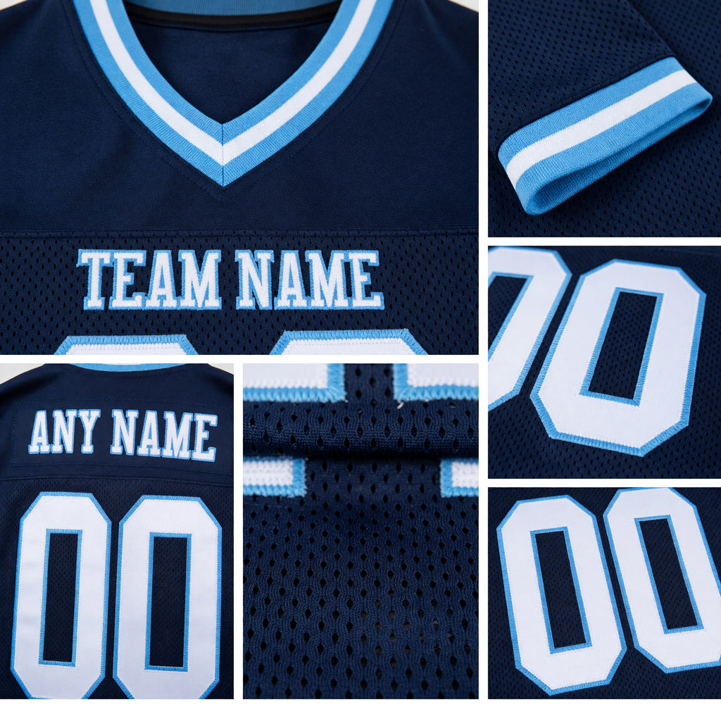 Custom Navy White-Light Blue Mesh Authentic Throwback Football Jersey detail