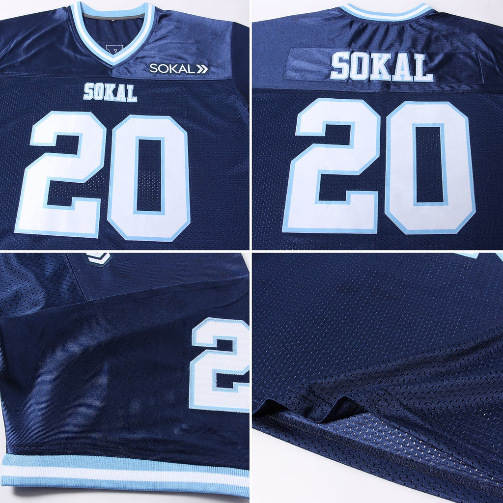 Custom Navy White-Light Blue Mesh Authentic Throwback Football Jersey photo 4