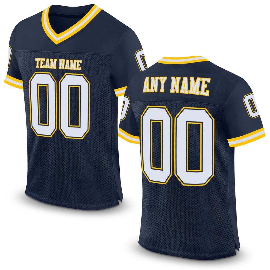 Custom Navy White-Gold Mesh Authentic Throwback Football Jersey