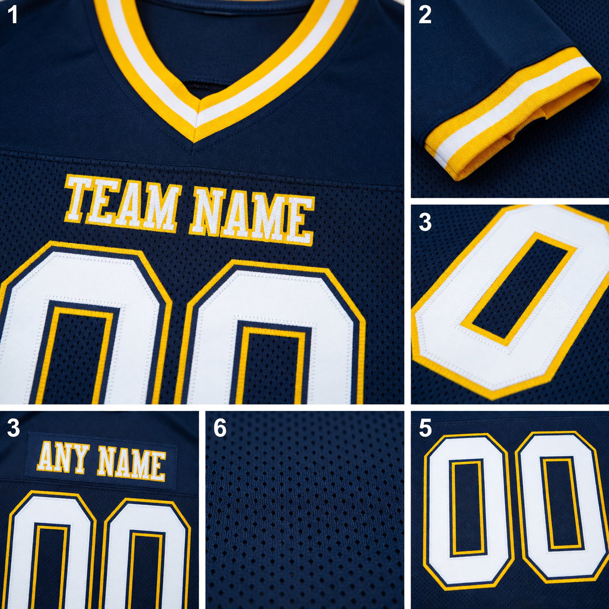 Custom Navy White-Gold Mesh Authentic Throwback Football Jersey detail