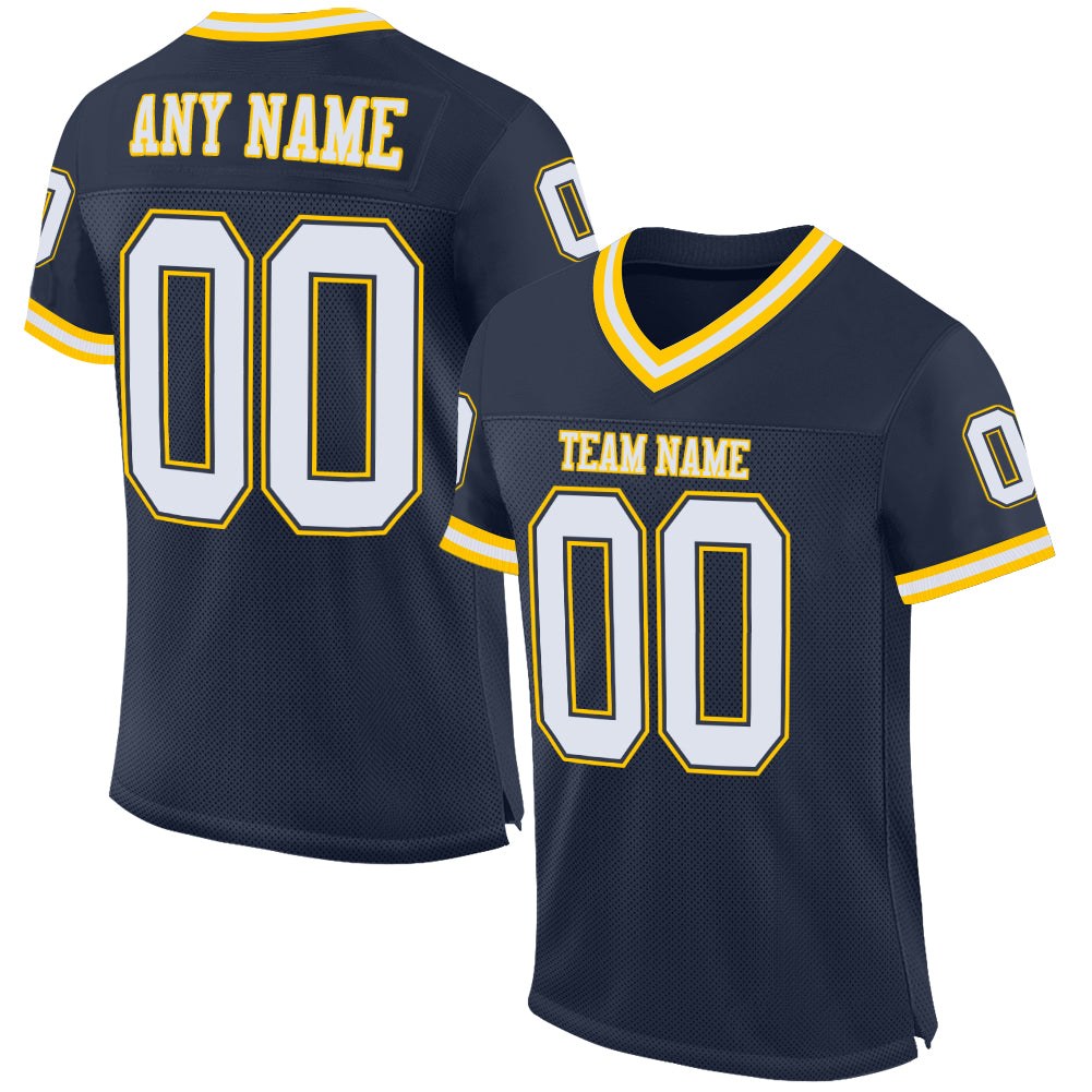 Custom Navy White-Gold Mesh Authentic Throwback Football Jersey photo 1