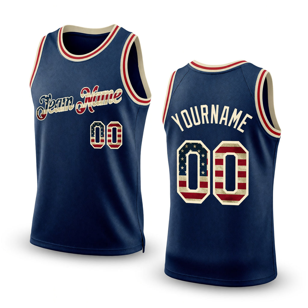 Custom Navy Vintage USA Flag-Cream Authentic Throwback Basketball Jersey