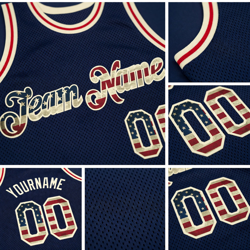 Custom Navy Vintage USA Flag-Cream Authentic Throwback Basketball Jersey detail