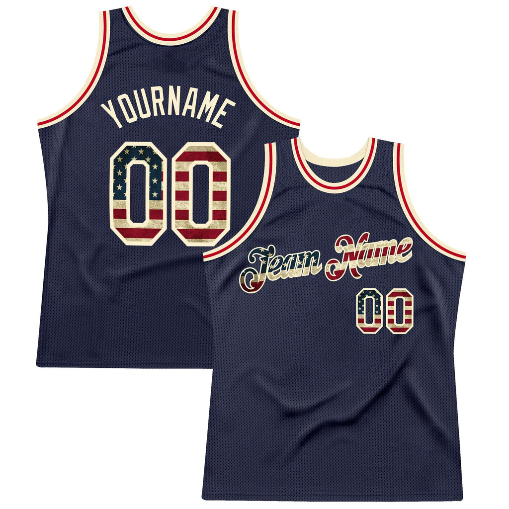 Custom Navy Vintage USA Flag-Cream Authentic Throwback Basketball Jersey photo 1
