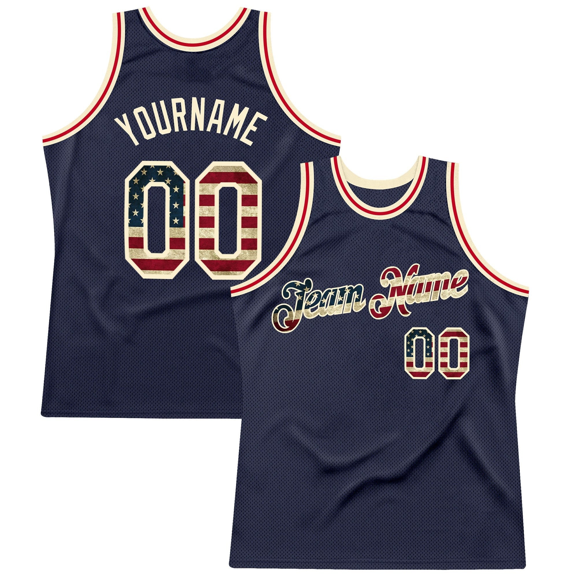 Custom Navy Vintage USA Flag-Cream Authentic Throwback Basketball Jersey photo 1