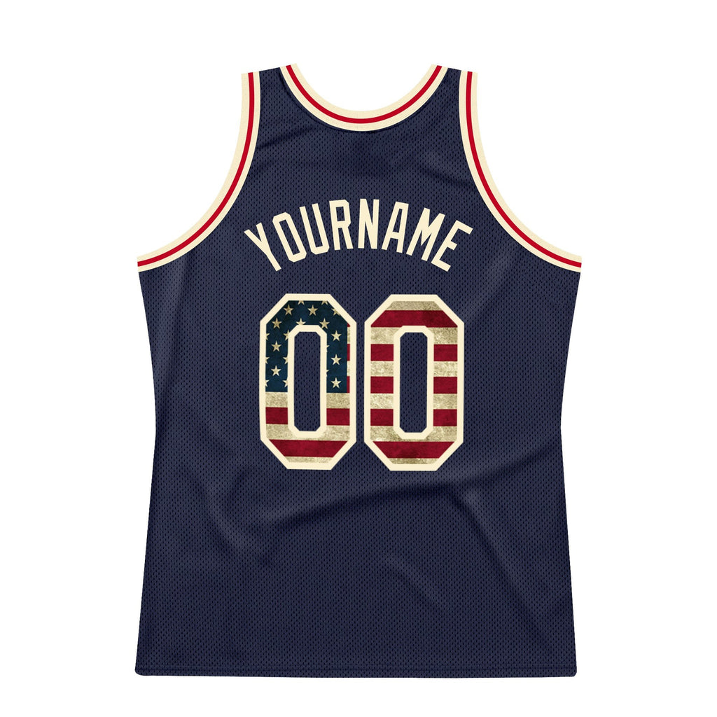 Custom Navy Vintage USA Flag-Cream Authentic Throwback Basketball Jersey photo 5