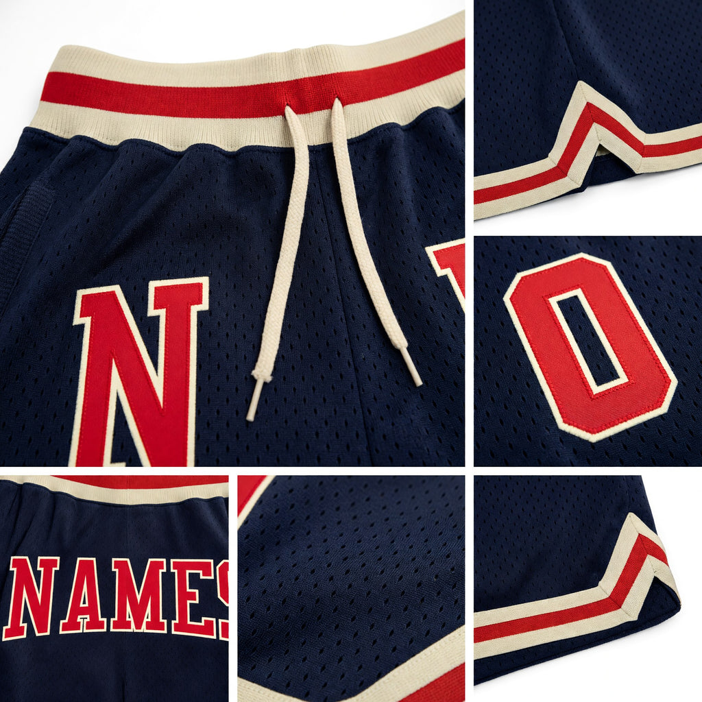 Custom Navy Red-Cream Authentic Throwback Basketball Shorts detail