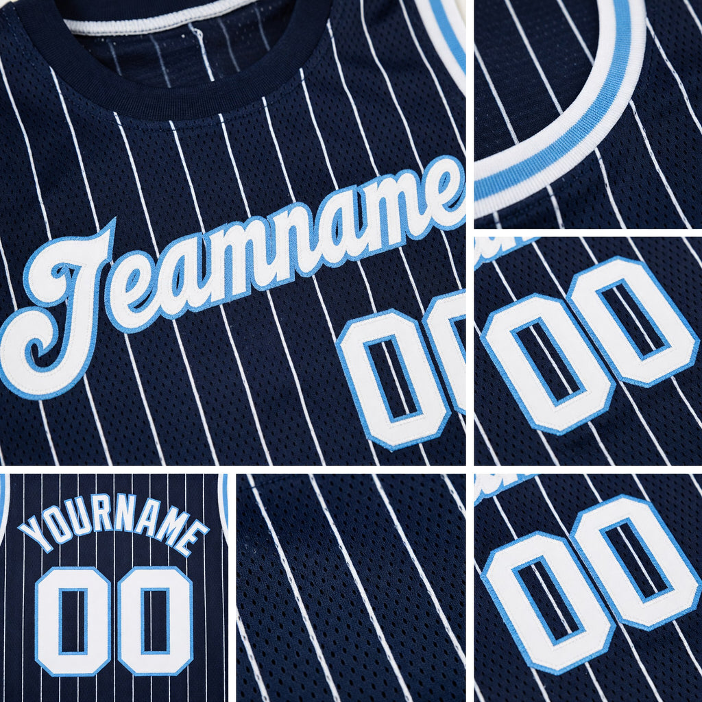Custom Navy White Pinstripe White-Light Blue Authentic Basketball Jersey detail