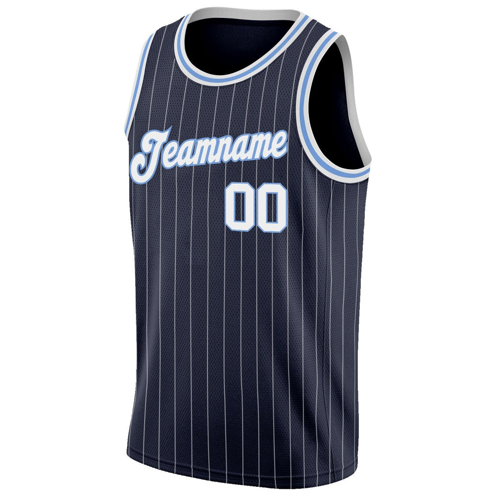 Custom Navy White Pinstripe White-Light Blue Authentic Basketball Jersey photo 4