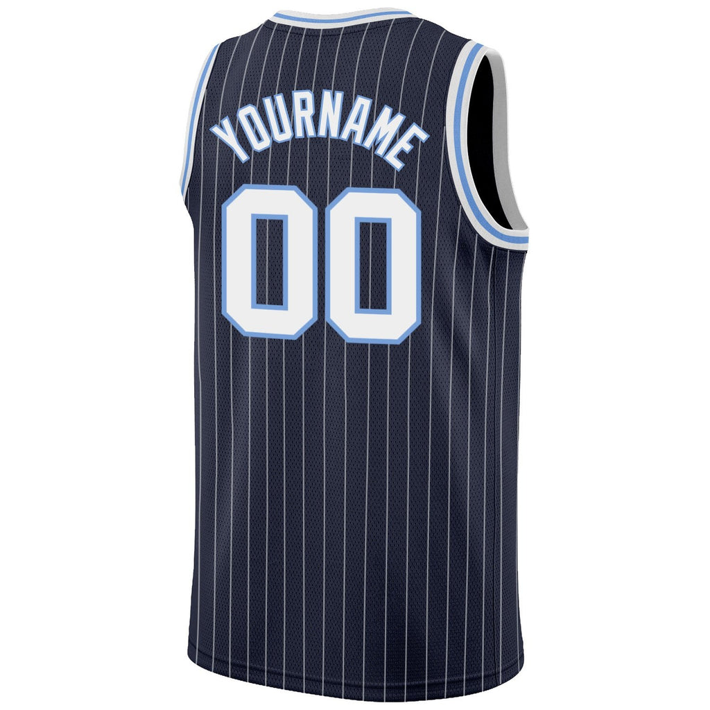 Custom Navy White Pinstripe White-Light Blue Authentic Basketball Jersey photo 5