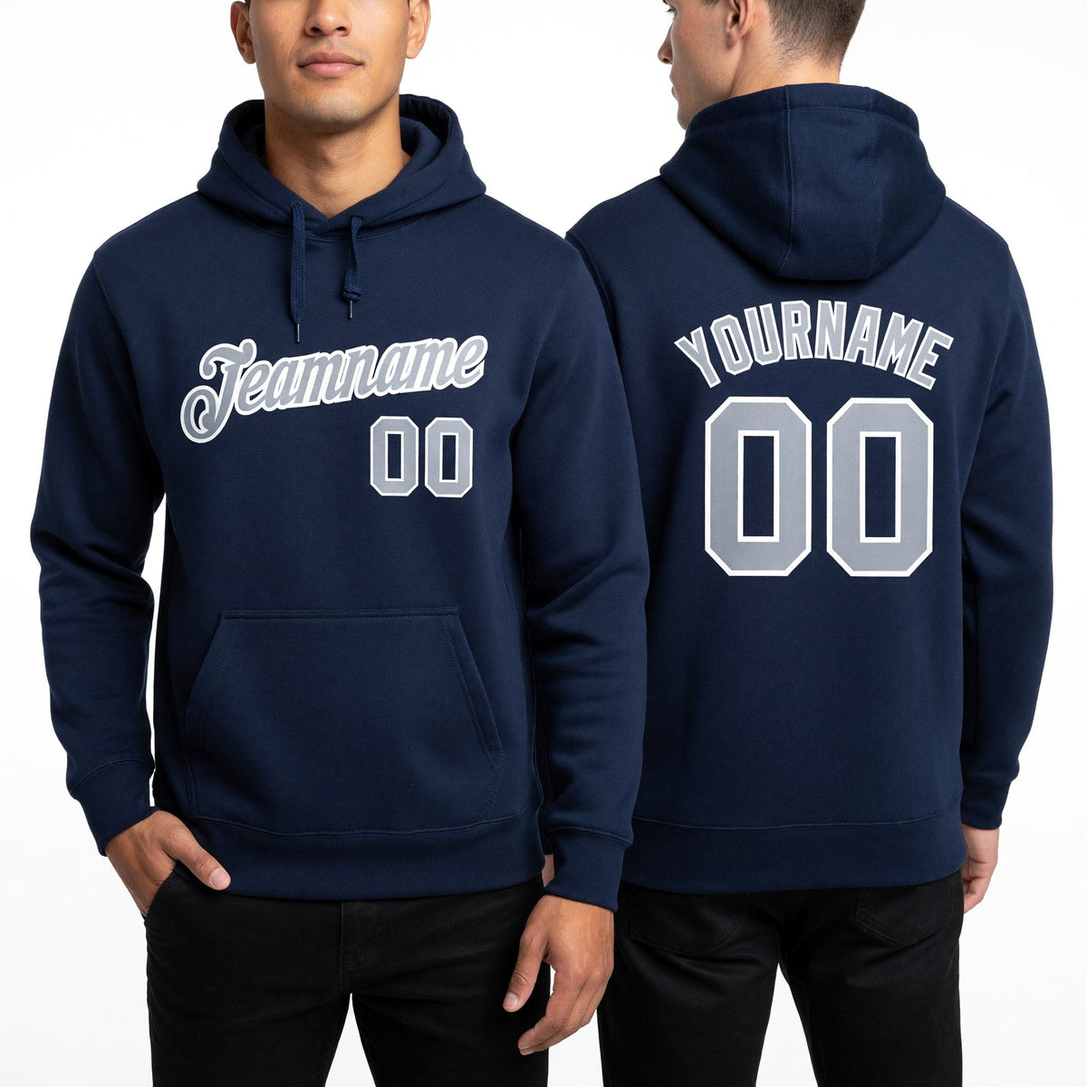 Custom Stitched Navy Gray-White Sports Pullover Sweatshirt Hoodie worn front and back