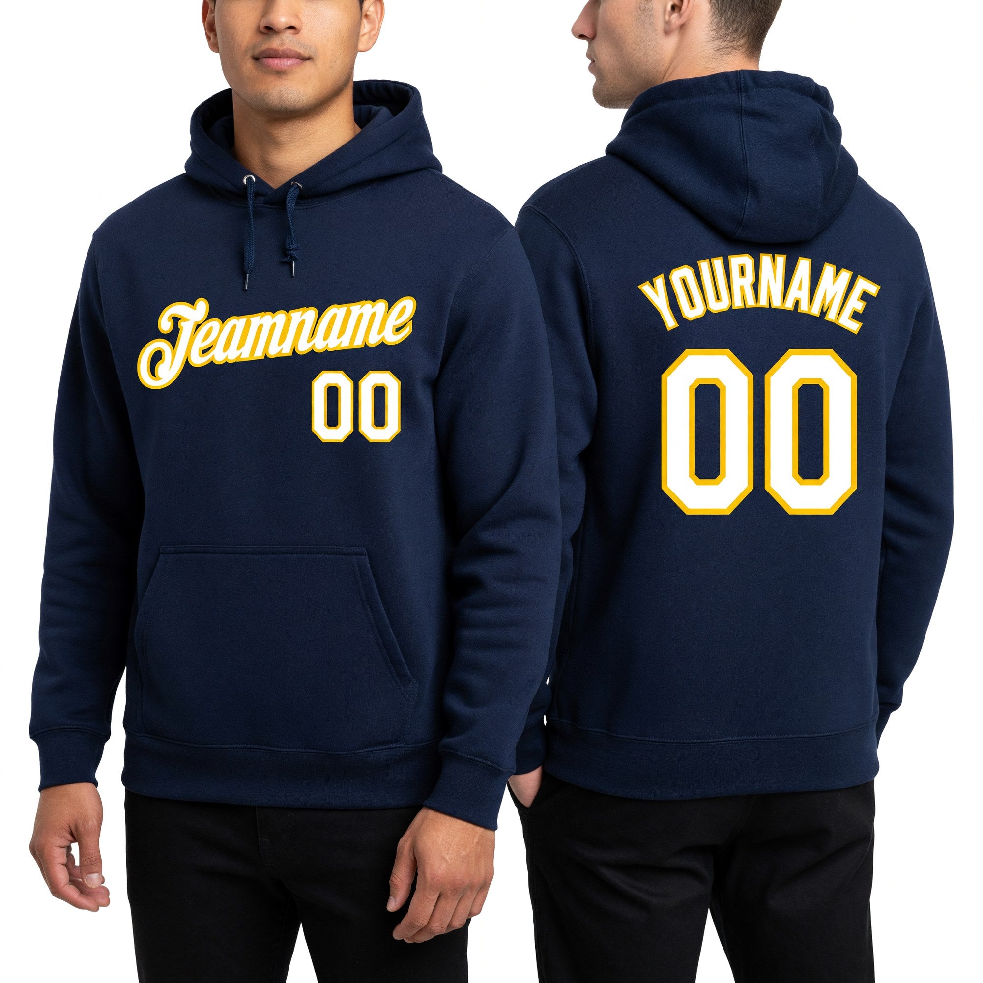 Custom Stitched Navy White-Gold Sports Pullover Sweatshirt Hoodie worn front and back