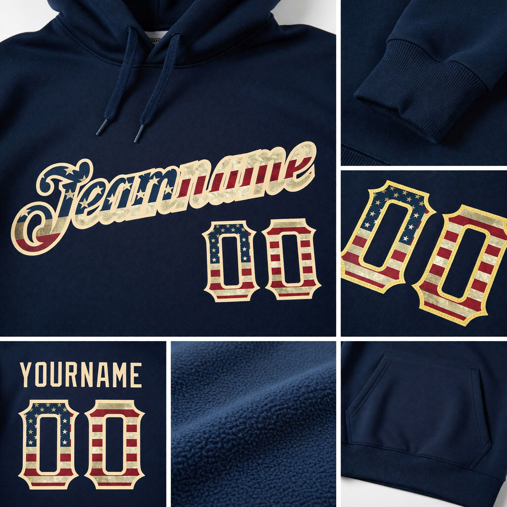 Custom Stitched Navy Vintage USA Flag-Cream Sports Pullover Sweatshirt Hoodie detail