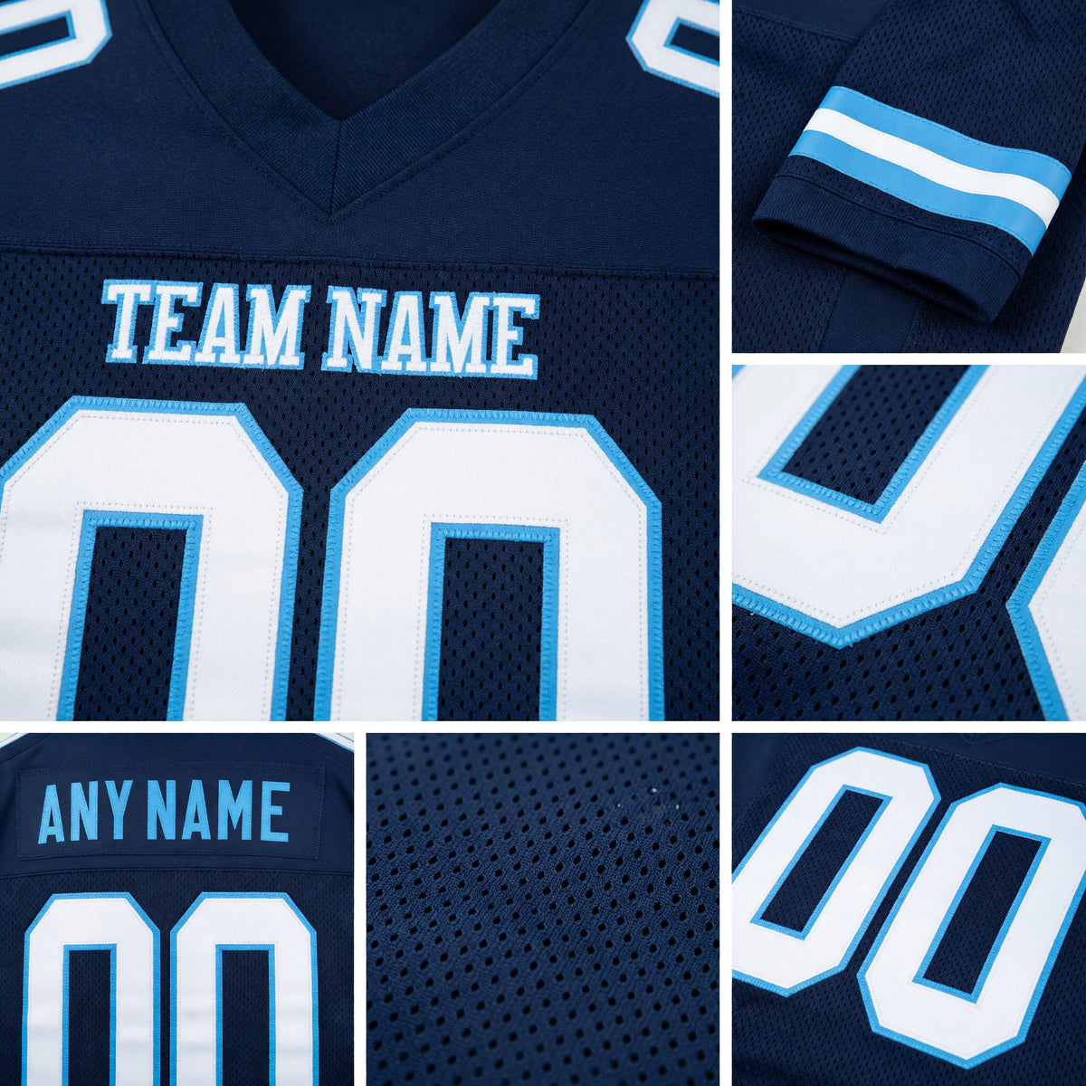 Custom Navy White-Light Blue Mesh Authentic Football Jersey detail