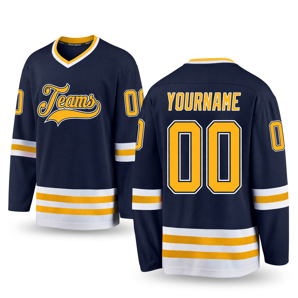 Custom Navy Gold-White Hockey Jersey