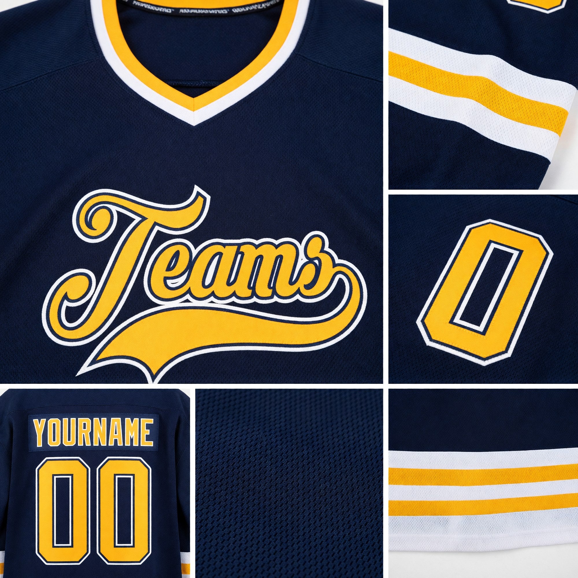Custom Navy Gold-White Hockey Jersey detail