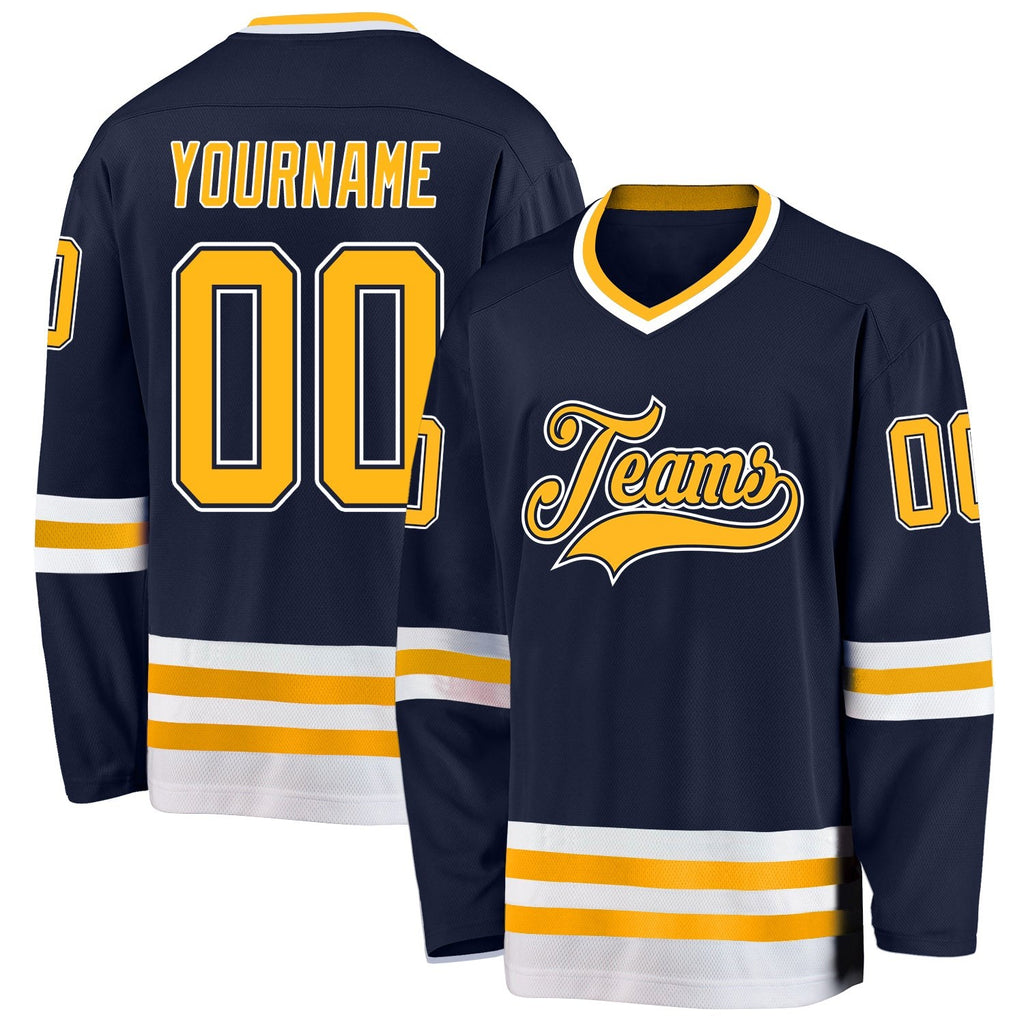 Custom Navy Gold-White Hockey Jersey photo 1
